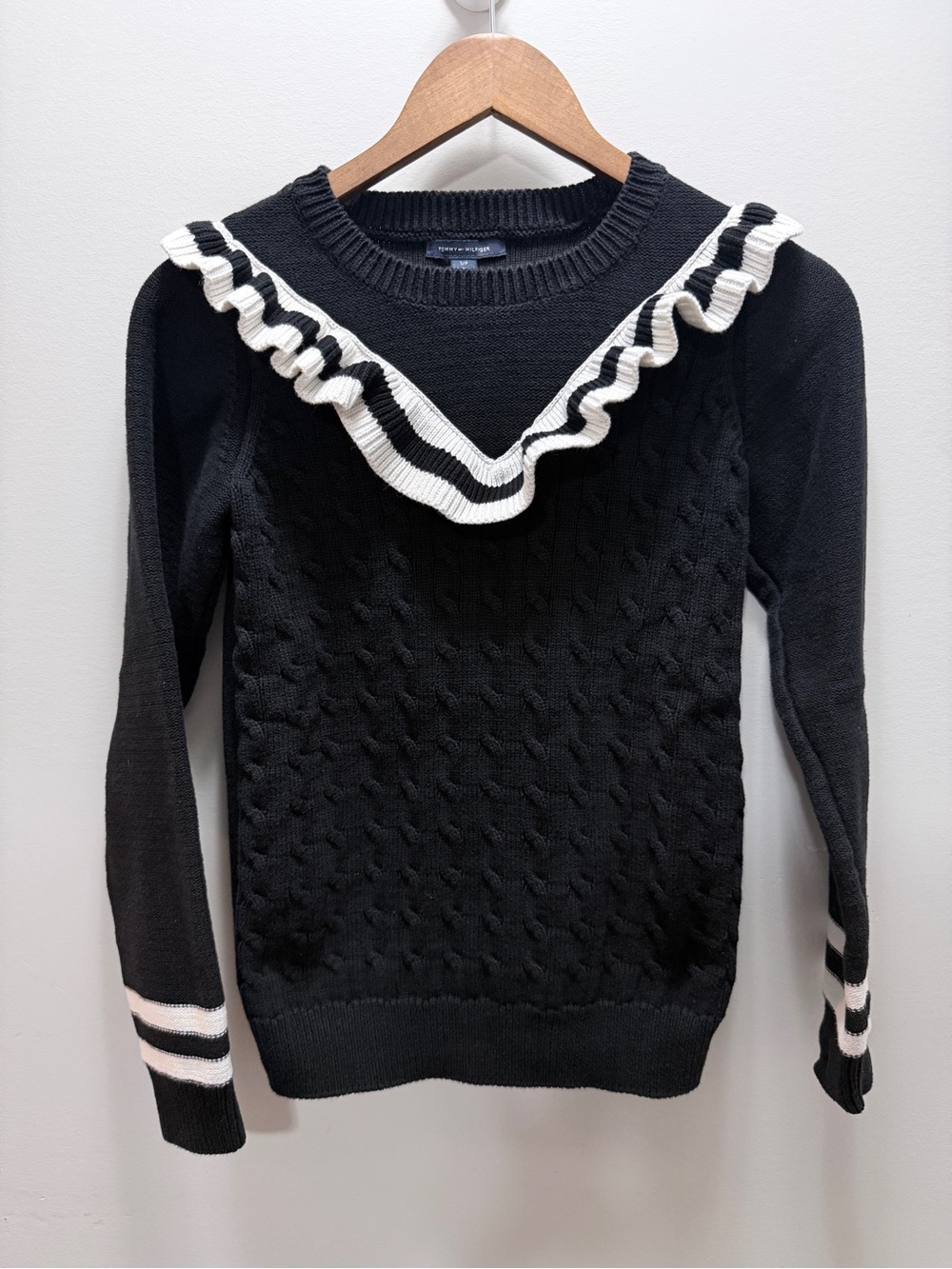 Tommy Hilfiger Black Ruffle-Trim Cable Knit Sweater - Size Small